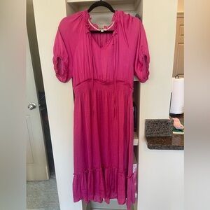 Pink Midi Dress with Puff Sleeves